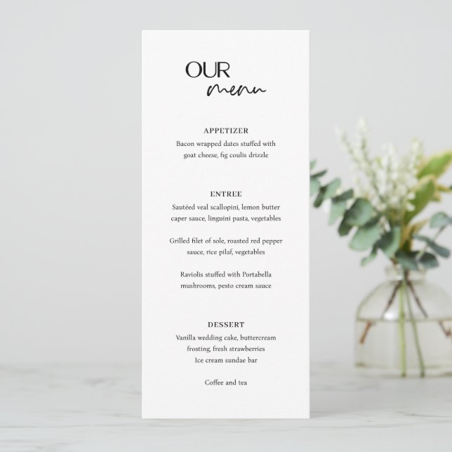 Menu Mariage Moderne Élégant en Noir et Blanc (Debout devant)
