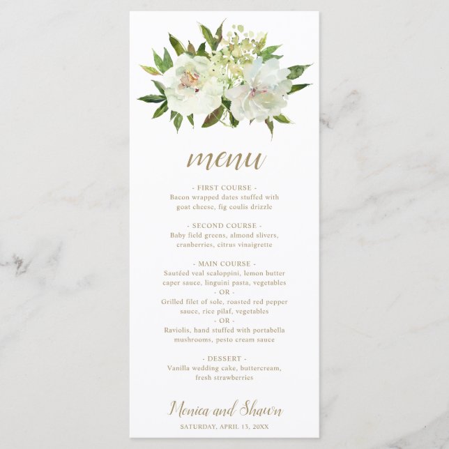 Menu Mariage Moderne Élégant Fleurs Blanches Or (Devant)