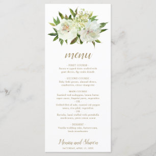 Menu Mariage Moderne Élégant Fleurs Blanches Or