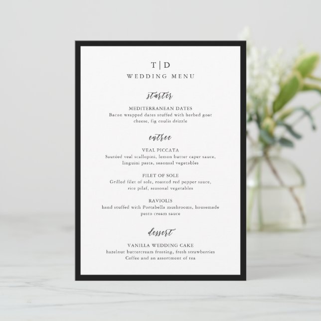 Menu Mariage Moderne Élégant Monogramme Noir et Blanc (Debout devant)