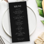 Menu Mariage moderne élégant noir et blanc simple<br><div class="desc">Moody black tendance minimaliste typographie personnalisées carte menu mariage.</div>