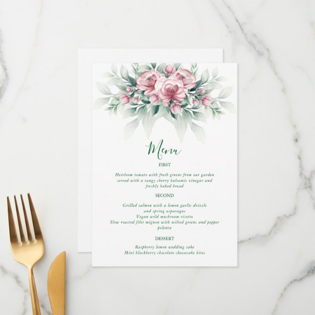 Menu Mariage Moderne Élégant Rose Vert (Devant/Arrière en situation)