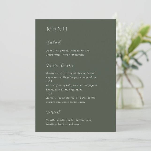 Menu Mariage Moderne Élégant Vert Olive (Debout devant)