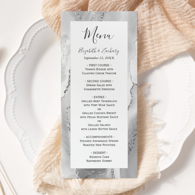 Menu Mariage Moderne en Agate Grise et Argent (Créateur téléchargé)