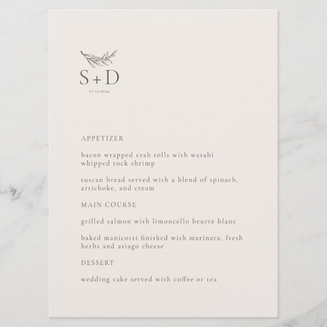 Menu Mariage moderne ivoire monogrammé (Devant)