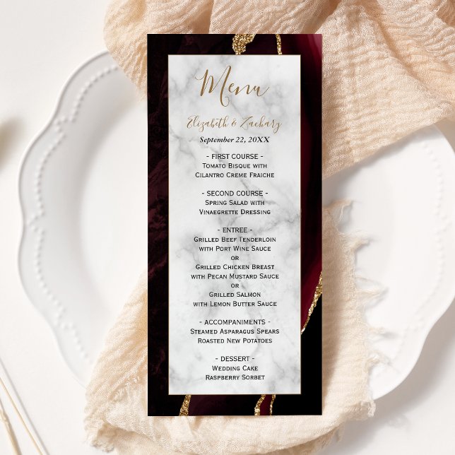 Menu Mariage Moderne Marbre Agate Bourgogne Or (Créateur téléchargé)
