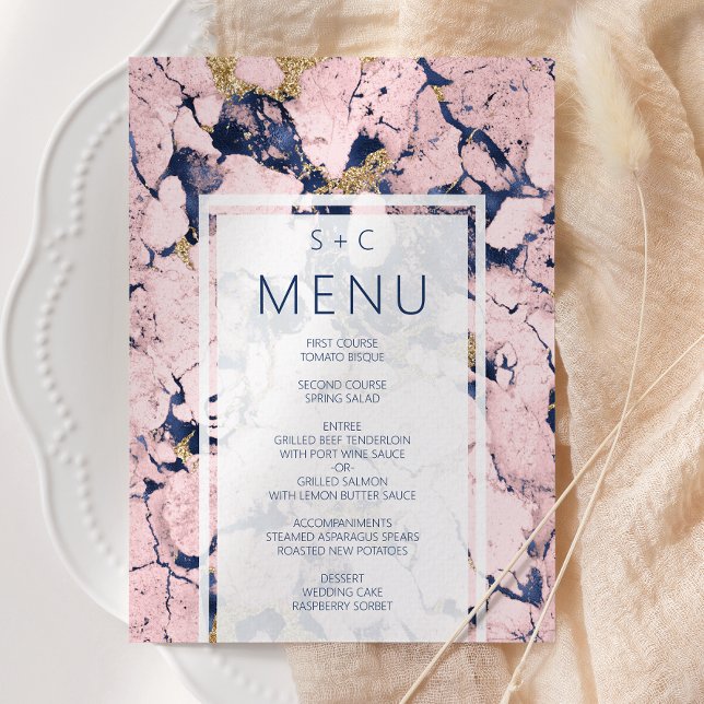 Menu Mariage Moderne Marbre Bleu Nuit Blush Or (Créateur téléchargé)