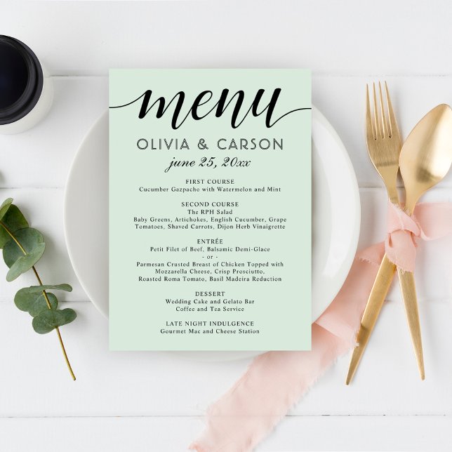 Menu Mariage Moderne Menthe et Écriture Noire (Créateur téléchargé)