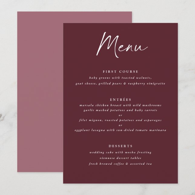 Menu Mariage Moderne Merlot Bourgogne Écriture Manuscri (Devant / Derrière)
