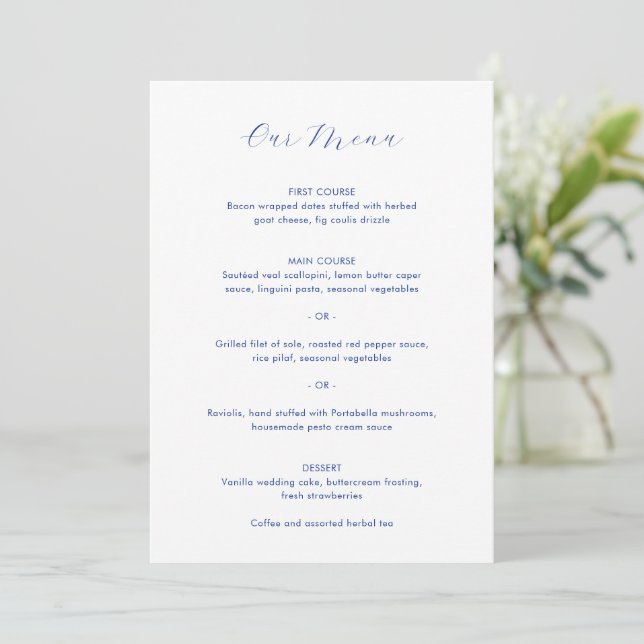 Menu Mariage Moderne Minimaliste Bleu Cobalt (Debout devant)