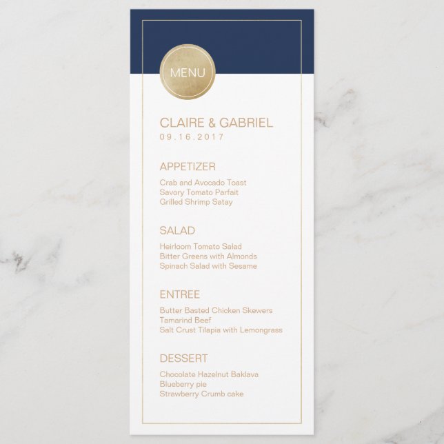 Menu mariage moderne minimaliste bleu marine (Devant)