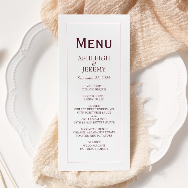 Menu Mariage Moderne Minimaliste Bourgogne Blanc (Créateur téléchargé)