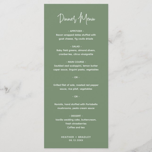 Menu Mariage Moderne Minimaliste Vert Sauge (Devant)