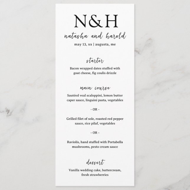 Menu Mariage Moderne Monogramme Gras Noir et Blanc (Devant)
