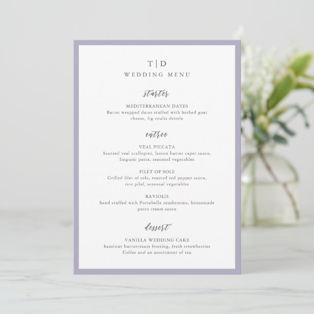 Menu Mariage Moderne Monogramme Lilac Élégant (Debout devant)