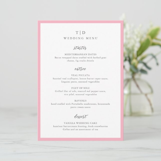 Menu Mariage Moderne Monogramme Rose Élégant (Debout devant)