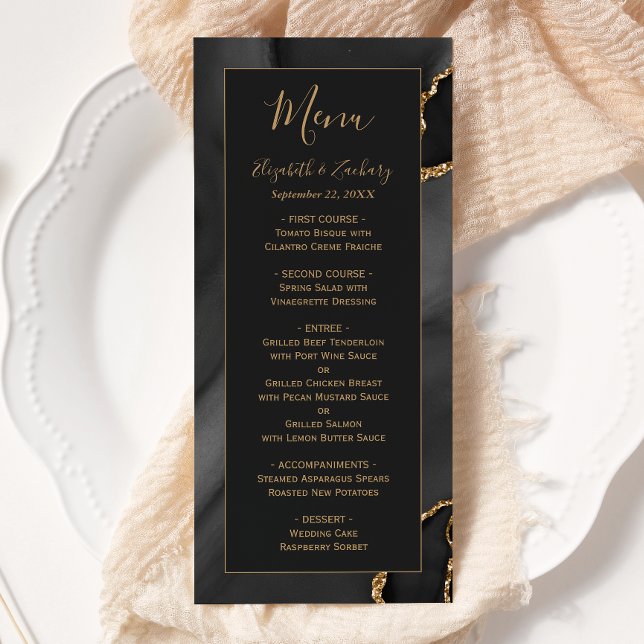 Menu Mariage Moderne Noir Agate Dorée Sombre (Créateur téléchargé)