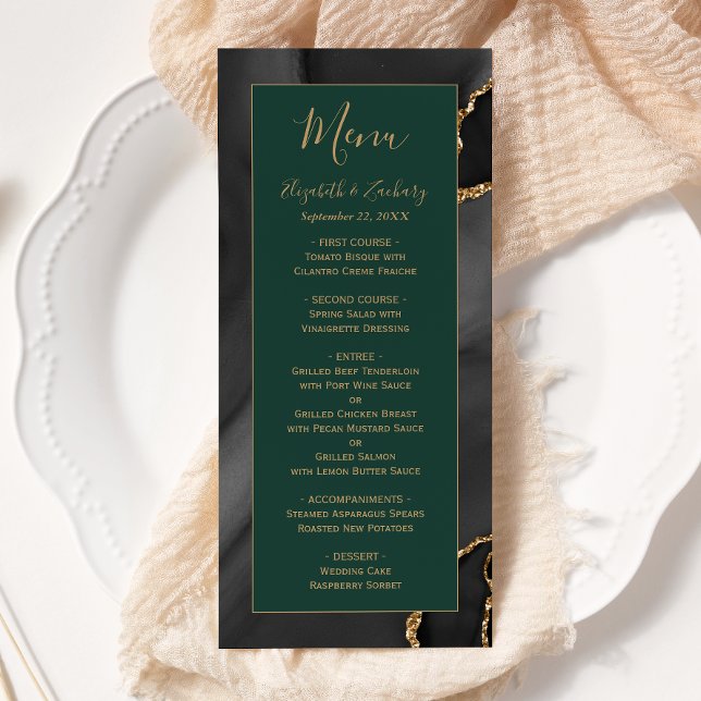 Menu Mariage Moderne Noir Agate Émeraude Vert (Créateur téléchargé)