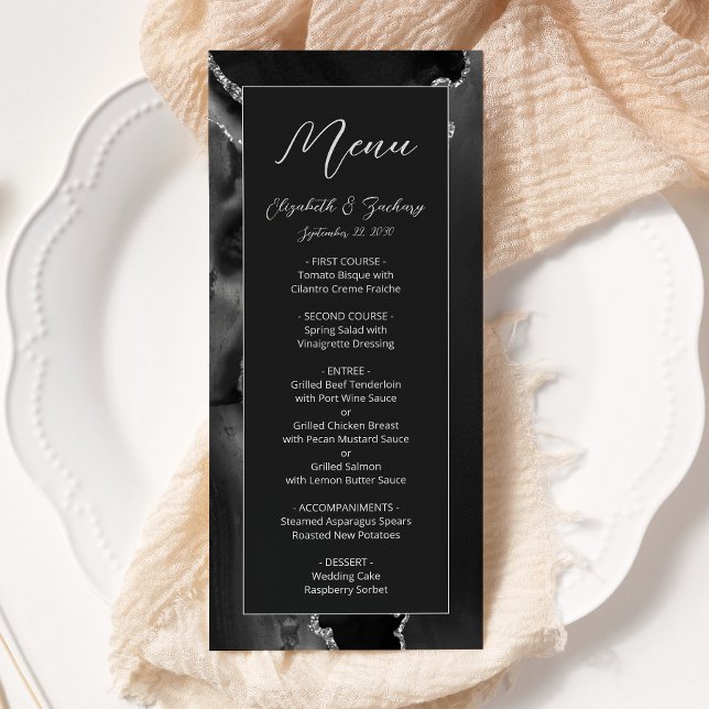 Menu Mariage Moderne Noir Argent Agate Sombre (Créateur téléchargé)