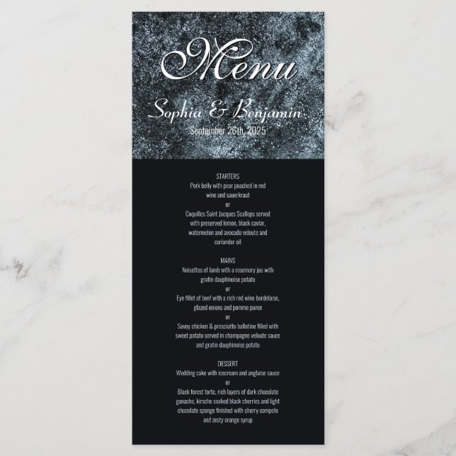 Menu Mariage moderne noir et argent (Devant)