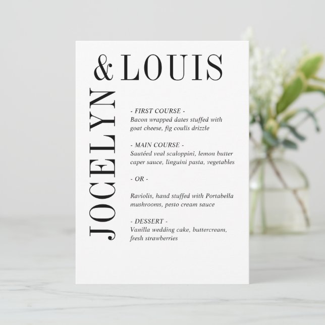 Menu Mariage Moderne Noir et Blanc Audacieux (Debout devant)