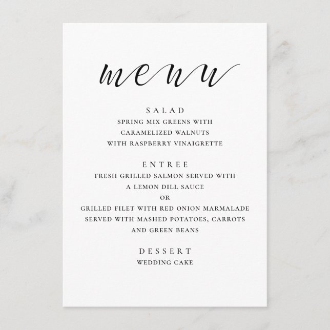 Menu Mariage moderne noir et blanc. Script minimal (Devant)
