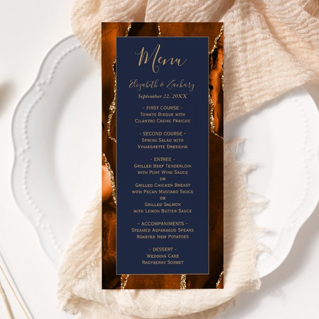 Menu Mariage Moderne Orange Brûlé Agate Bleu Nuit (Créateur téléchargé)