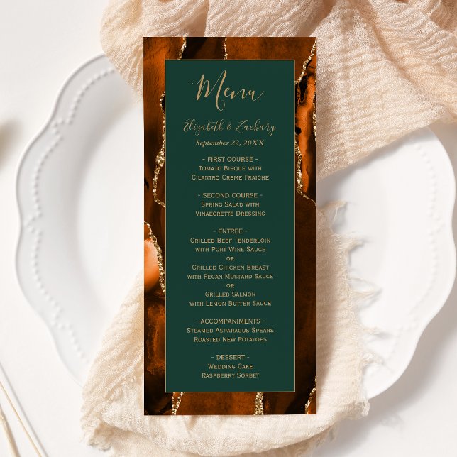 Menu Mariage Moderne Orange Brûlé Agate Vert Foncé Or (Créateur téléchargé)