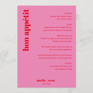 Menu Mariage moderne personnalisé rose vif et rouge gra