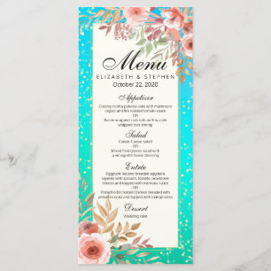 Menu Mariage moderne Pink Floral Turquoise Gold Co
