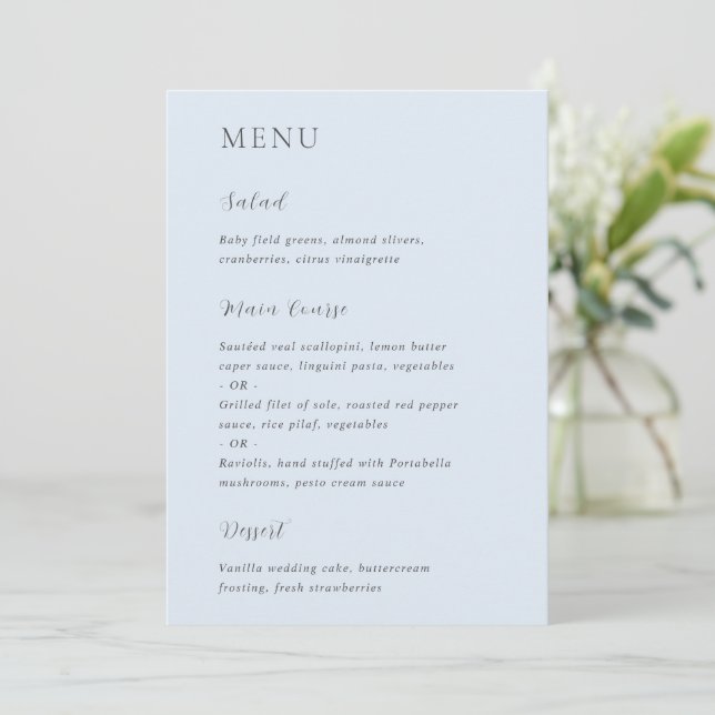 Menu Mariage Moderne Poudre Bleue Élégant (Debout devant)