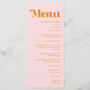 Menu Mariage moderne rétro rose et orange