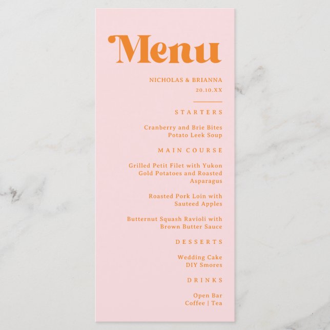 Menu Mariage Moderne Rétro Rose et Orange (Devant)