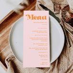 Menu Mariage moderne rétro rose et orange<br><div class="desc">Un ajout vibrant à votre décor de table mariage. Parfait pour un mariage rétro avec un thème mariage d'inspiration les années 70, il saisit l'essence des styles branchés et éclectiques des mariages. Inspirer des thèmes rétro mariage et des thèmes disco mariage, avec un thème boho disco mariage et disco ball...</div>