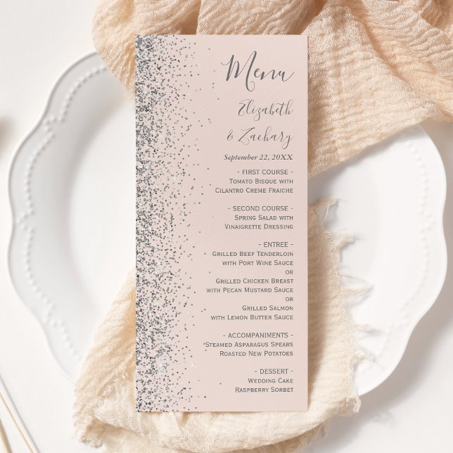 Menu Mariage Moderne Rose Pâle Bordure Pailletée Argent (Créateur téléchargé)