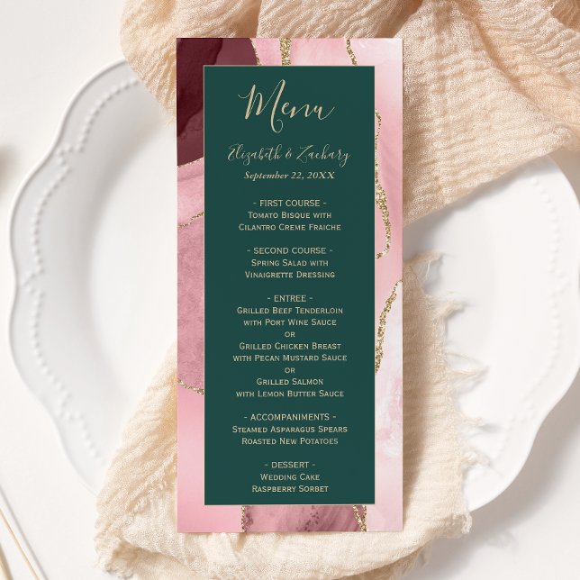 Menu Mariage Moderne Rose Pâle Or Vert Émeraude Agate (Créateur téléchargé)