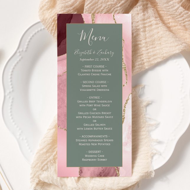 Menu Mariage Moderne Rose Pâle Or Vert Sauge Agate (Créateur téléchargé)