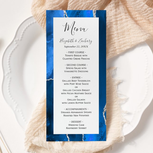 Menu Mariage Moderne Royal Bleu Agate Argent (Créateur téléchargé)