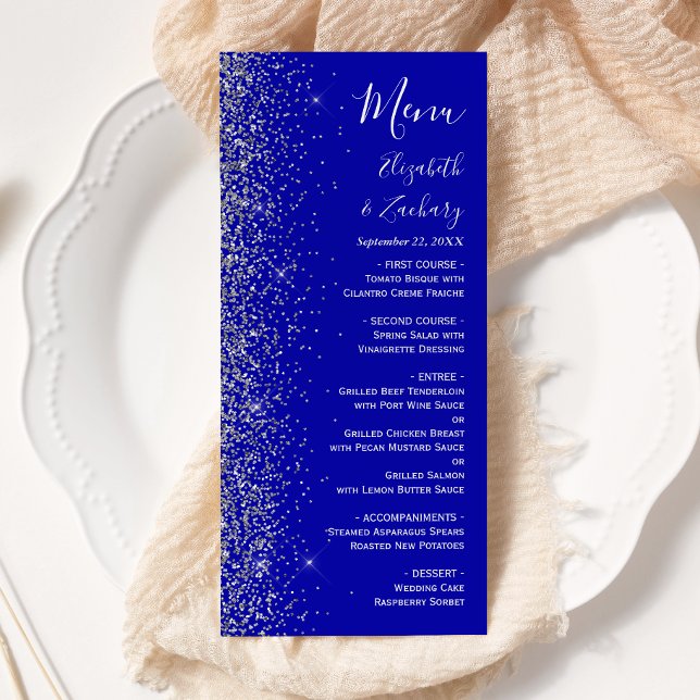 Menu Mariage Moderne Royal Bleu avec Bordure Pailletée  (Créateur téléchargé)