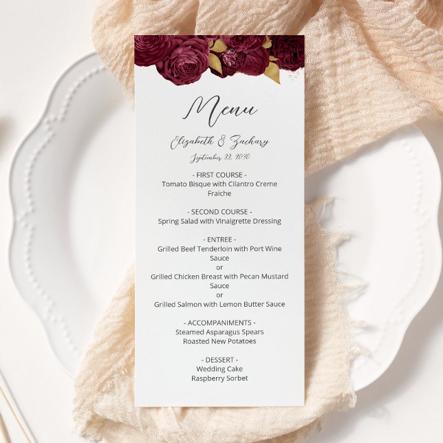 Menu Mariage Moderne Script Floral Or Bourgogne (Créateur téléchargé)