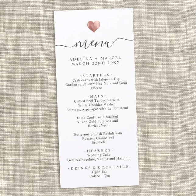 Menu Mariage Moderne Simple Calligraphié Rose Gold Cœur (Créateur téléchargé)