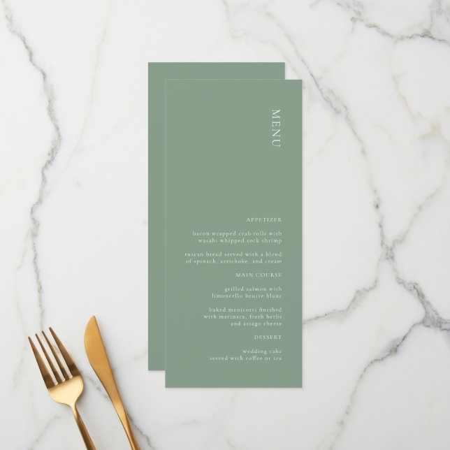 Menu Mariage moderne Simple Sage Green (Devant/Arrière en situation)