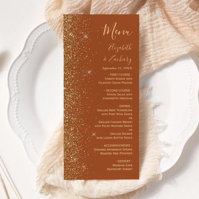 Menu Mariage Moderne Terracotta Pailleté Or (Créateur téléchargé)