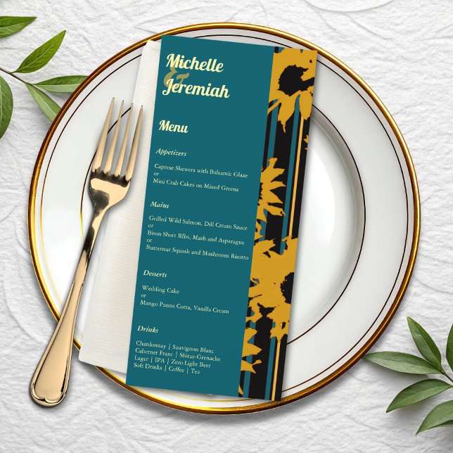 Menu Mariage Moderne Tournesol Bleu Sarcelle Or (Créateur téléchargé)