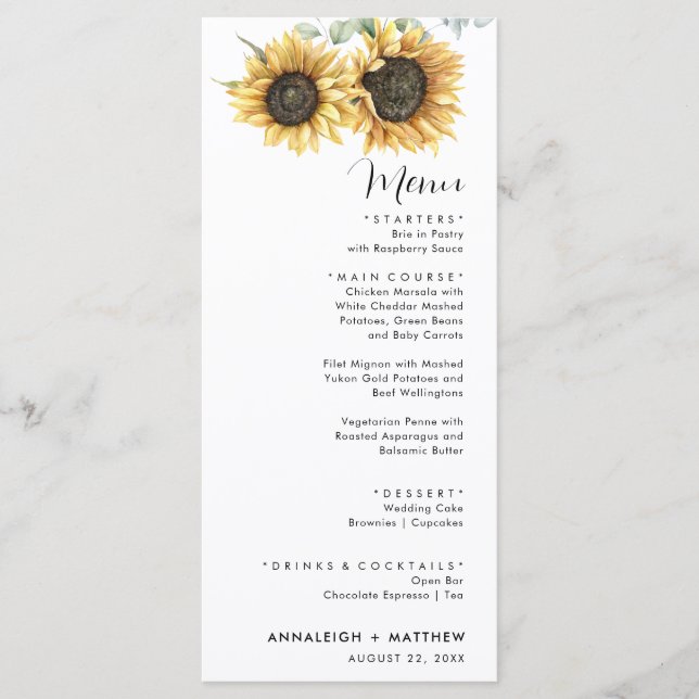Menu Mariage Moderne Tournesol Eucalyptus Floral (Devant)