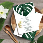 Menu Mariage moderne Tropical Suisse feuille d'or au fr<br><div class="desc">Elégante, moderne et simple couleur verte de l'eau tropicale plage suisse fromage feuille de monstère sur l'arrière - plan blanc avec fausse impression feuille d'or typographie de mariage d'été cartes de menu de réception mariage. Ce design classique et sophistiqué est parfait pour une réception de mariage classe, élégante et branchée....</div>