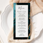 Menu Mariage moderne Turquoise Blue Gold Agate<br><div class="desc">Ce menu mariage moderne et élégant est doté d'un arrière - plan d'aquarelle bleu turquoise orné d'une parties scintillant en faux or. Le texte s'affiche dans une élégante écriture manuscrite gris charbon et des polices de cuivre sur un rectangle blanc. La conception de l'agate est répétée à l'envers.</div>