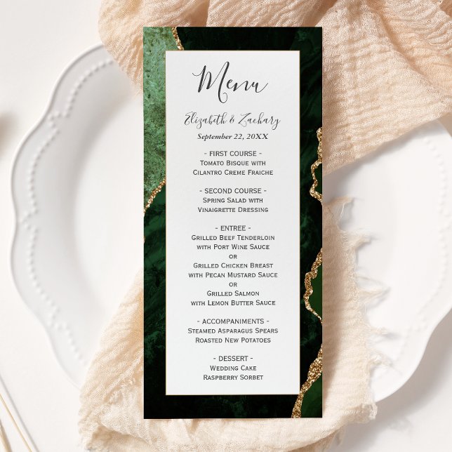 Menu Mariage Moderne Vert Chasseur Agate Or (Créateur téléchargé)