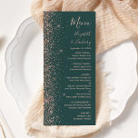 Menu Mariage Moderne Vert Foncé avec Bordure Pailletée<br><div class="desc">Le bord gauche de ce menu de mariage moderne élégant arbore une bordure pailletée or rose. Le texte personnalisable allie une écriture rose pâle,  des polices copperplate et italiques sur fond vert foncé. Le verso présente un design assorti vert foncé et or pailleté.</div>