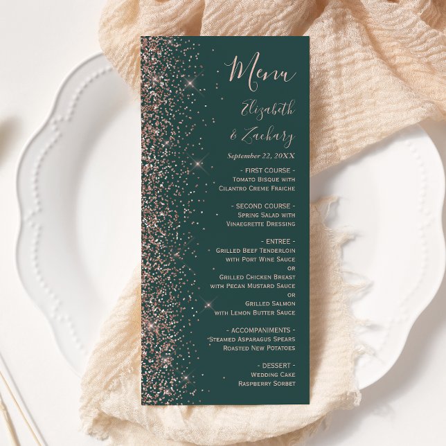 Menu Mariage Moderne Vert Foncé avec Bordure Pailletée  (Créateur téléchargé)